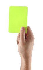 Referee holding yellow card on white background, closeup