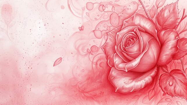 a close up of a red rose on a pink background with drops of water on the bottom of the rose.