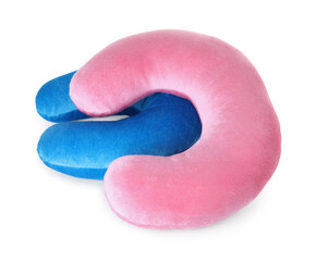 Pink and blue travel pillows isolated on white