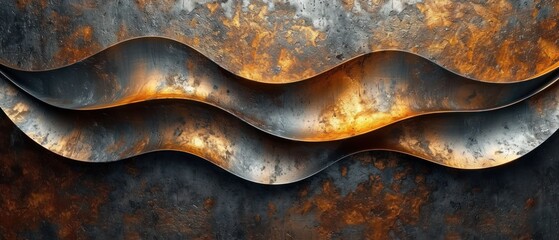  a close up of a metal wall with a wave design on it's side and a fire in the middle of the middle of the middle of the wall.