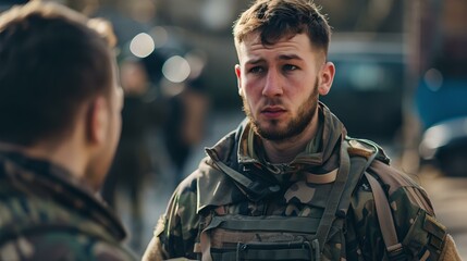 Fototapeta premium Serious young soldier in military gear having a conversation outdoors. urban background. reflective mood. stock photography for realistic scenes. AI