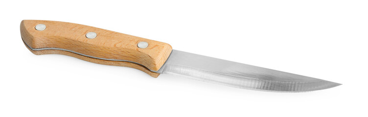 One sharp knife with wooden handle isolated on white
