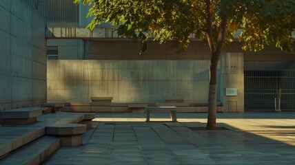 morning view of a brutalist public square, with the early light softening the harsh lines and casting gentle shadows