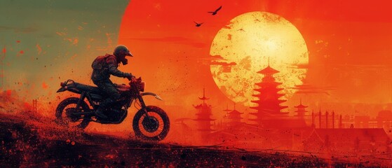 Fototapeta premium a man riding on the back of a motorcycle on top of a dirt hill in front of a large orange and yellow sun with a bird flying in the background.