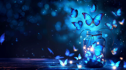 Butterflies, representing dreams and desires, flutter out of the jar, illuminating the night sky