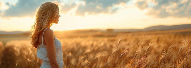 Golden hour serenity: A woman in contemplation amid a wheat field, her silhouette bathed in the sunset's glow, embodying peace, freedom, and natural beauty