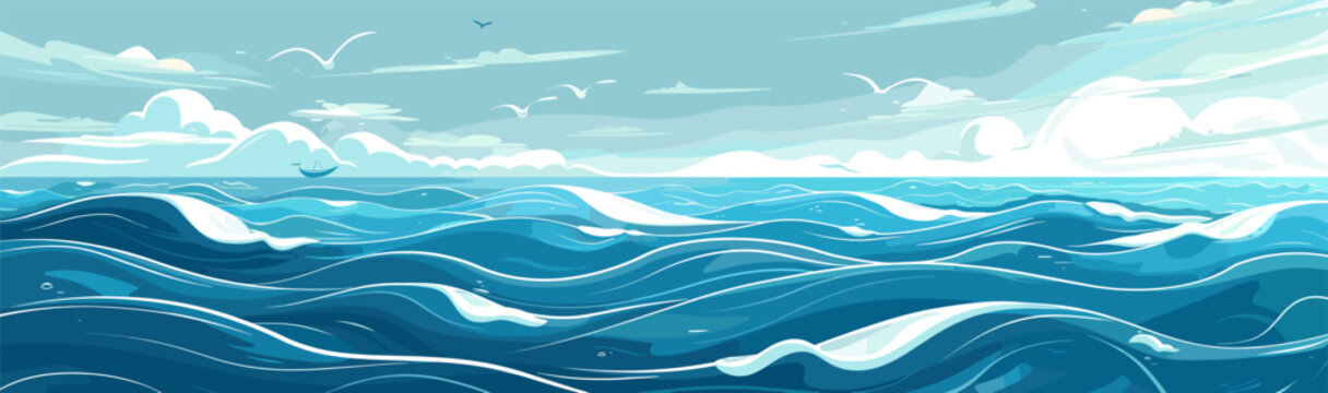 Beautiful vector illustration of blue sea waves with seagulls for print and web.