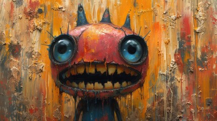  a close up of a painting of a weird looking creature with big blue eyes and horns on it's head, with a yellow background of rusted wood.