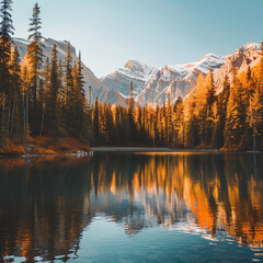 Autumnal Serenity: Tranquil Lake and Mountain Landscape During Indian Summer - obrazy, fototapety, plakaty