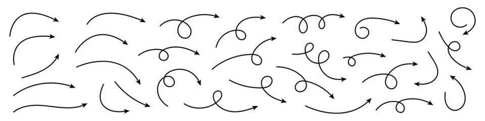 Collection hand drawn arrows. Set simple curved arrows isolated on white background. Collection of pointers. Vector illustration.