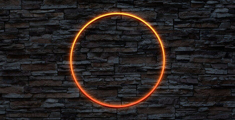 Neon circle glowing geometric shape for banner and advertisement on brick wall.