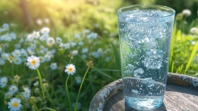a glass of water sitting on top of a wooden barrel next to a field of daisies and daisies.