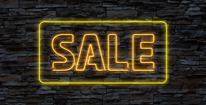 Bright Neon Sale Sign. Retro neon sale sign on dark background. Ready for your design, advertising, banner. Vector illustration.