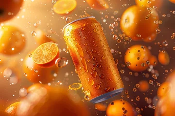 Fotobehang can mockup, beverage mock up with fruits background, soda can mockup, Plain white colour 355ml can, floating beverage can mockup with colorful background with ice cubes  © fadi