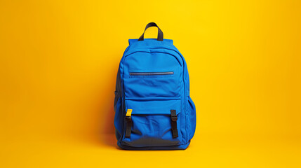 Blue fashionable backpack on isolated yellow background