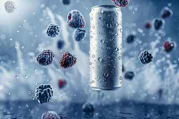 Foto op Plexiglas can mockup, beverage mock up with fruits background, soda can mockup, Plain white colour 355ml can, floating beverage can mockup with colorful background with ice cubes  © fadi