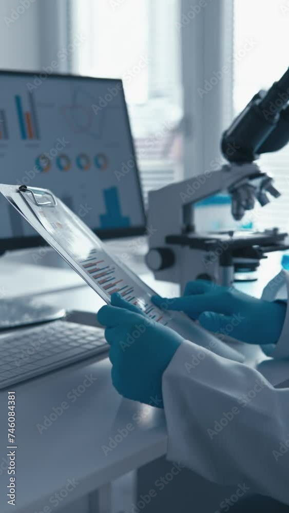 Poster In this video, a microbiologist analyzes blood samples in the laboratory using modern instruments and equipment. His experience and skills ensure the accuracy and reliability of the research results.