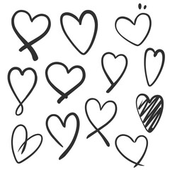 Hand drawn hearts in doodle style, collection. Vector illustration.