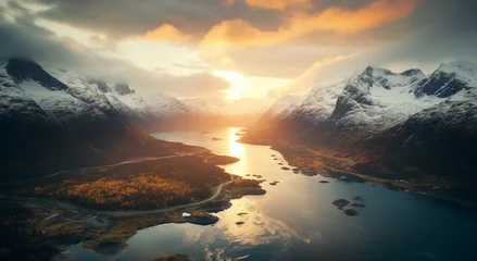 Photo sur Aluminium Europe du nord Picturesque Norwegian Autumn Fjords landscape photo. Cloudy mountains covered with first snow washed by cold Norwegian Sea waves. Beauty in Nature, traveling and Ecology Earth issues concept image.
