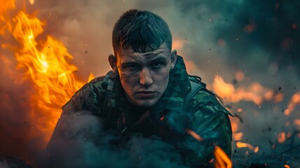 Obraz na płótnie Canvas Intense man in battlefield scenery with dramatic fire background. action-packed scene, vibrant colors, storytelling concept. AI