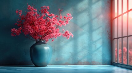 a blue vase filled with pink flowers sitting on a window sill next to a window sill with a blue wall and a window behind it is a blue curtain.