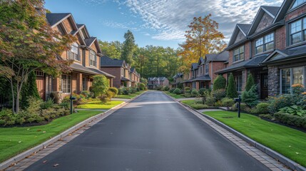  a street lined with houses and trees on either side of the street is a paved road with a paved walkway between two rows of houses on either side of the street.