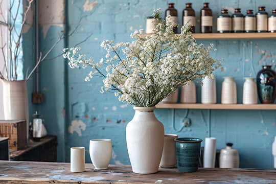 White vase with delicate gypsophila flowers on a rustic wooden table against a distressed turquoise wall with ceramic jars. Country home decor concept for design and print