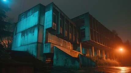 stark geometry of a brutalist building, showcasing raw concrete and repetitive modular windows against a cloudy sky in a monochrome palette