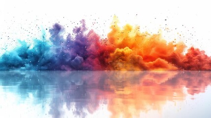  a group of multicolored clouds of smoke floating in the air over a body of water with reflections on the water surface and a white background of the water.