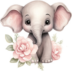 Watercolor Baby Elephant With Pink Flowers - 746085108