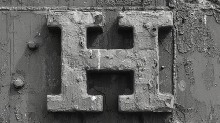  a black and white photo of a door with a letter h in the middle of the door and a hole in the middle of the door to the letter h.