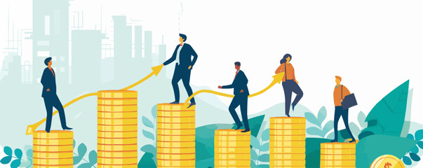 Business people stepping up on Rupee coins against a growing upward graph, business analysis and planning, Business porters a successful team. Business growth set flat vector modern illustration - obrazy, fototapety, plakaty