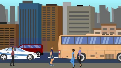 2D Flat animation of city background with people and cars running on the way