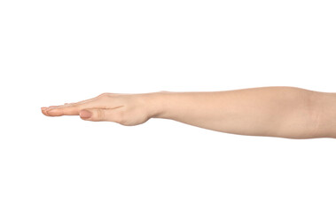 Fototapeta premium Playing rock, paper and scissors. Woman showing paper sign on white background, closeup