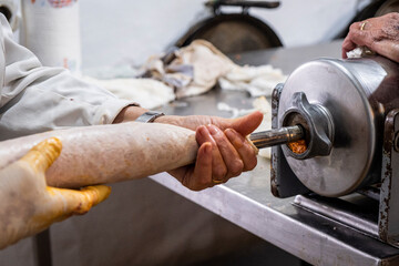 sausage filling, traditional slaughter of the Mallorcan black pig, Mallorca, Balearic Islands, Spain