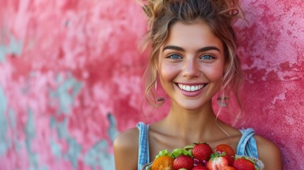  a beautiful young woman holding a bowl of fruit in front of a pink and blue wall with a pink wall behind her and a pink wall in the background behind her.