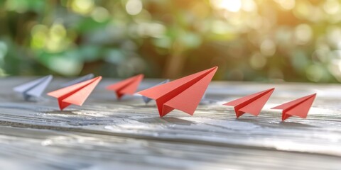 Red Paper Airplanes Lead the Way, Guiding White Ones Across a Textured Wooden Terrain, Generative AI