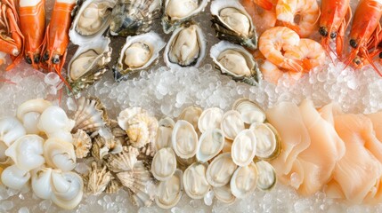 a table topped with lots of different types of seafood on top of a table covered in sea shells and shrimp. - obrazy, fototapety, plakaty