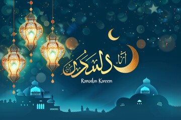 vector Background for Ramadan Kareem with mosque and lantern at night with the writing 