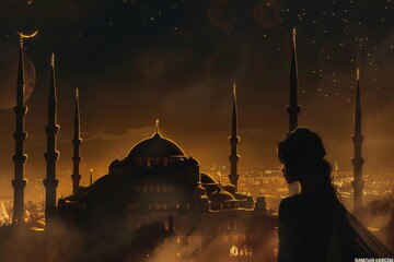 Illustration forr Eid Mubarak, Ramadan Kareem, greeting card with Hagia Sophia mosque at night with a woman praying - obrazy, fototapety, plakaty