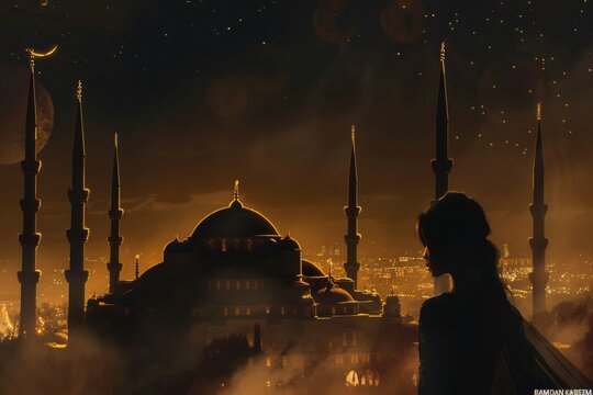 Illustration forr Eid Mubarak, Ramadan Kareem, greeting card with Hagia Sophia mosque at night with a woman praying