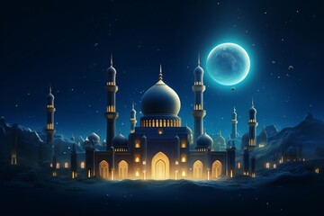 vector Background for Ramadan Kareem with mosque at night  - obrazy, fototapety, plakaty