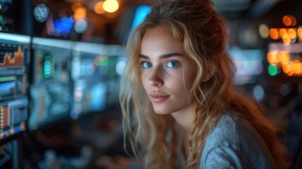  a woman looking at a computer screen with a lot of lights in the background and a lot of blurry lights on the wall in the back of the picture.