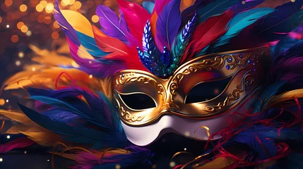 Gardinen Still life of colorful carnival beads and masks, vibrant background © ma