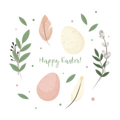 Fototapeta na wymiar Set of cute hand drawn easter eggs, willow branch and feathers in pastel colours. Easter decoration, great for banners, wallpapers and cards. Isolated vector illustration