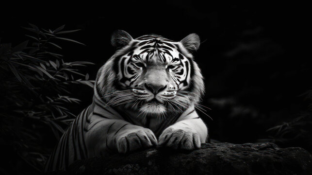 a black and white photo of a tiger sitting on a rock in front of a bush with leaves on it.