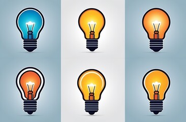 Set Of Light Bulb Flat Icons. Collection Of Lighting Electric Lamps. Simple Pictograms, 8 Items. Graphic Design Elements. Creative Idea Sign, Solution, Innovation Concept. Blue background