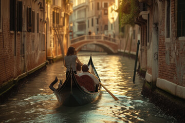 Romantic Gondola Ride Through Venetian Canal at Sunset - obrazy, fototapety, plakaty