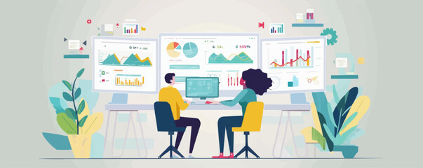 Data scientist job. Visualizer and analyst working on a project. Data science research. Data Scientist set flat vector modern illustration