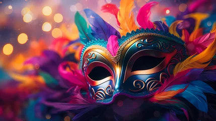 Fototapeten Still life of colorful carnival beads and masks, vibrant background © ma